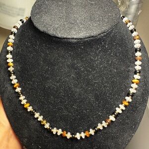 Striking Black Agate, Brown Tiger's Eyes, and White Shell Beaded Necklace